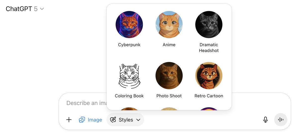caelanhuntress's tweet image. ChatGPT's image generator now has a Styles option, where you can add styles to the prompt easily when you upload a source image. I uploaded a photo of me speaking and used all 9 filters: 🧵 1/10