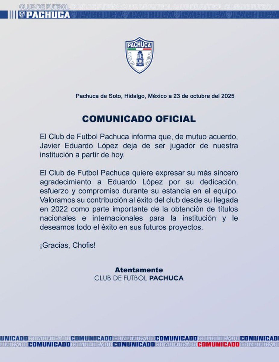 .<a href="/Tuzos/">Club de Futbol Pachuca</a> da las gracias a “Chofis” López