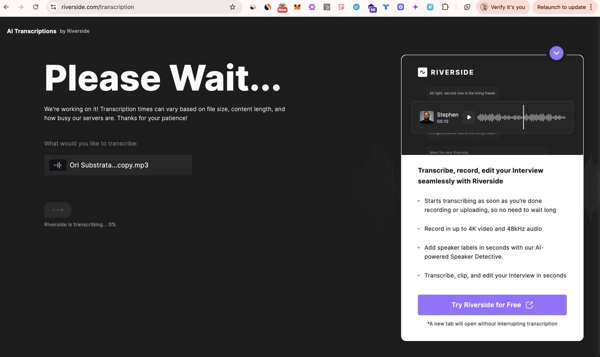 seanlewin's tweet image. Love the seamless PLG experience from @RiversidedotFM to upload audio &amp;amp; get it transcribed. My only tip for the product team is to fix the progress bar. I had 0% for 30mins for a 30min audio file...