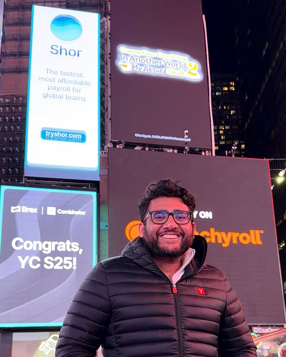Honored to see <a href="/shor_pay/">Shor (YC S25)</a> in Times Square and a big thanks to our friends at <a href="/brexHQ/">Brex</a>