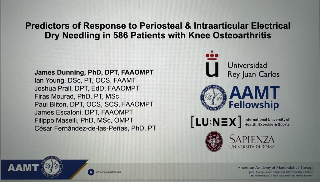 I will be presenting the results at #AAOMPT2025 to the Predictors of Response to Periosteal &amp; Intra-Articular Electrical Dry Needling (PIEDN) in 586 Patients with Knee #Osteoarthritis on Saturday November 8th at 10:15 am. See you in Reno #Nevada ! Does age, BMI, duration of