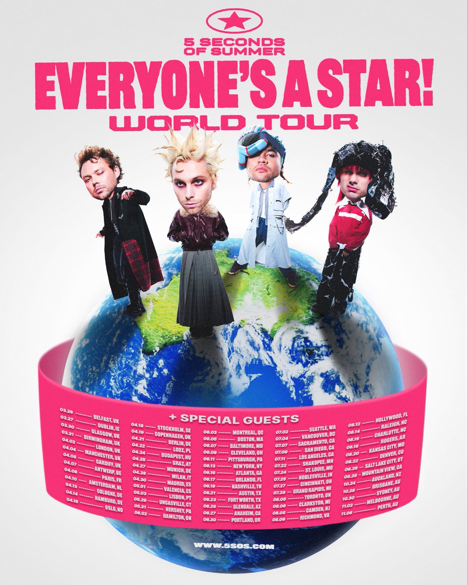 EVERYONE’S A STAR! 2026 World Tour COMING SOON.

Early access, presale, and ticket details at 5sos.com