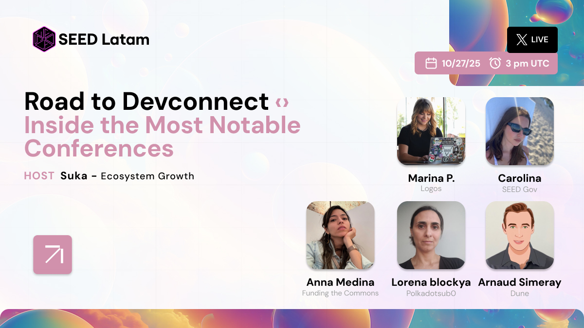 SEEDLatam's tweet image. Devconnect 🇦🇷 is near, and key projects are preparing major events.
This live is your chance to hear from the organizers: what’s coming, why it matters, and how to get involved.
Sneak peeks, themes, formats, and opportunities to connect.
Don’t miss it 👇