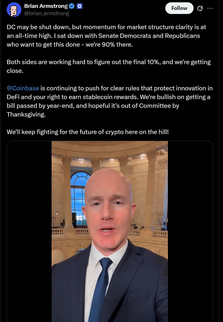 🔴COINTELGRAPH: "Brian Armstrong di Coinbase: la legge sulla struttura del mercato crypto è al 90% completa, ma il 10% finale potrebbe ridefinire la regolamentazione della DeFi."