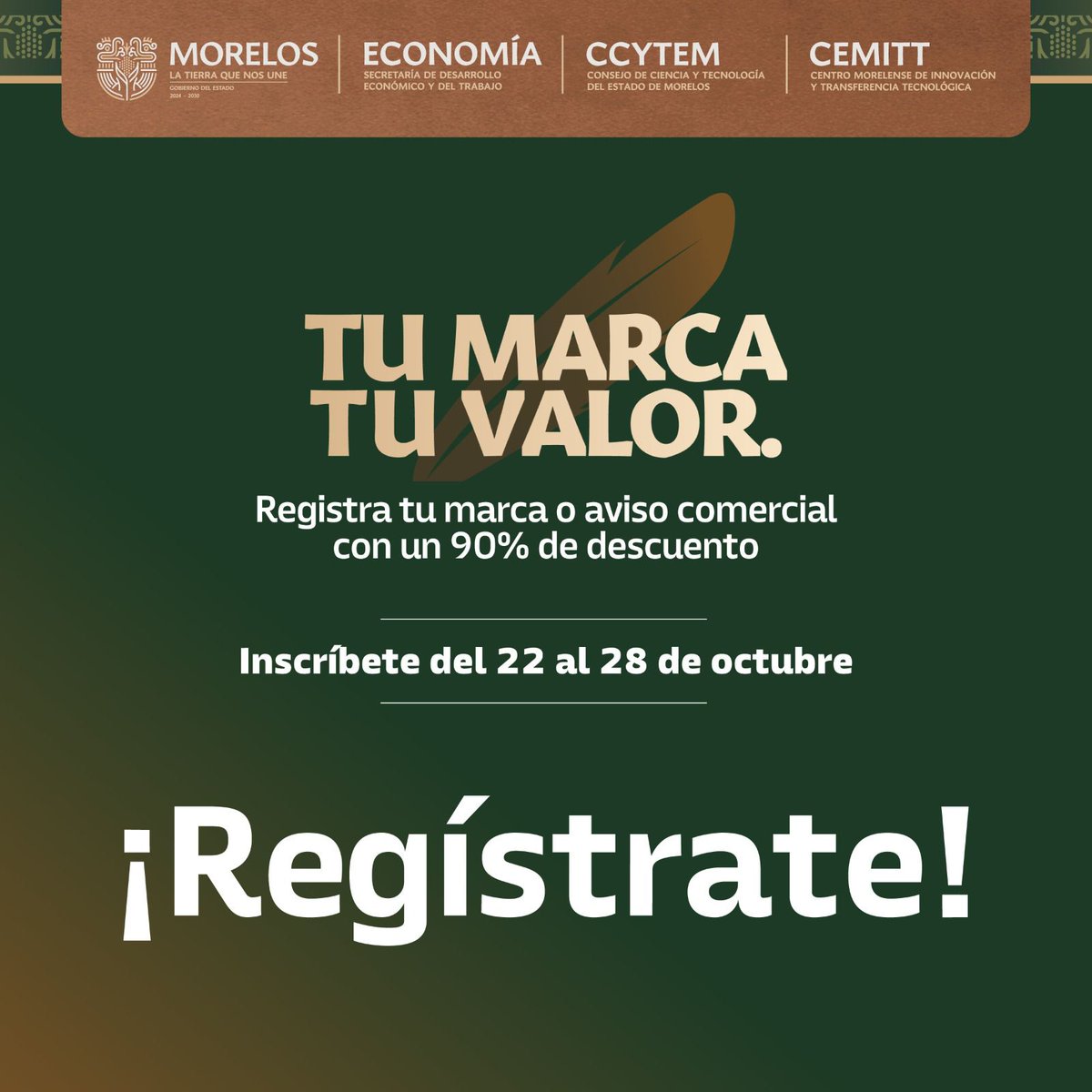 ccytem's tweet photo. ¡Emprende con identidad y fortalece tu negocio!
Participa en la convocatoria “Tu Marca, Tu Valor” y accede hasta a un 90% de descuento en el registro de tu marca.
- Tienes hasta el 28 de octubre para postularte.
- https://t.co/cERWi6zwfA
- Regístrate #LaTierraQueNosUne https://t.co/lxFyFQJ5AC