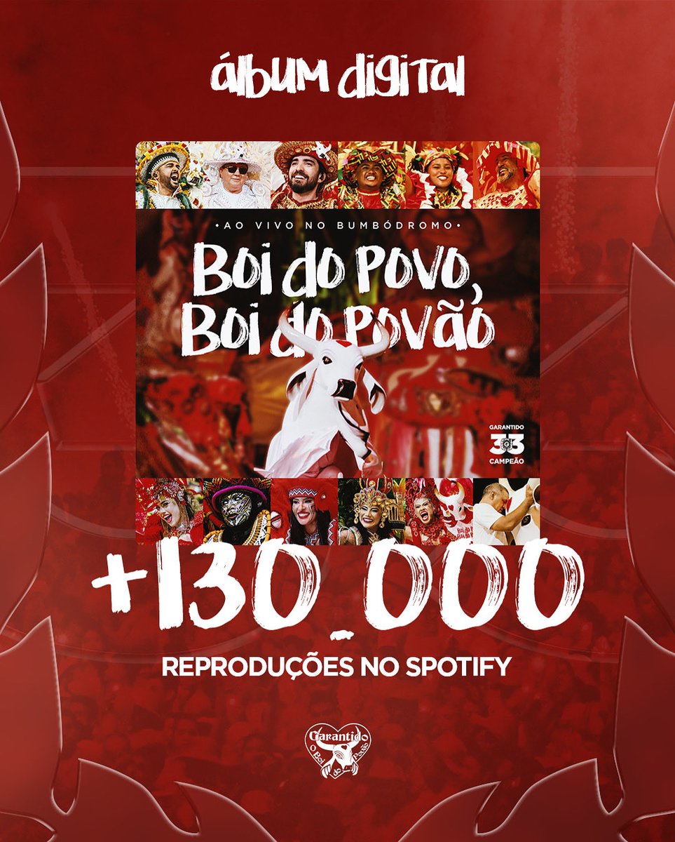 garantido's tweet image. O único álbum ao vivo a bater mais de 130 mil reproduções em 2 dias! 🐮♥️
Nosso álbum ao vivo “Boi do Povo, Boi do Povão (Ao Vivo no Bumbódromo)” chegou a marca de 130 mil reproduções no Spotify, sem ajuda de máquinas ou mutirões. 
Um álbum planejado com muito profissionalismo!