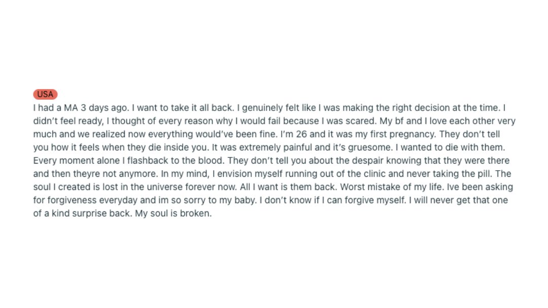 LiveAction's tweet image. Reddit user deeply regrets abortion.

“They don’t tell you how it feels when they die inside you…I wanted to die with them.”

“I don’t know if I can forgive myself.”

“My soul is broken.”