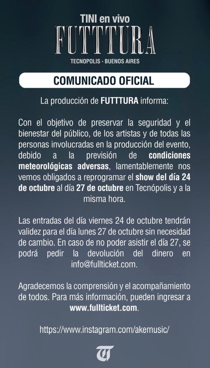 escosadefans_'s tweet photo. TINI tuvo que posponer la fecha de FUTTTURA del 24/10 para el 27/10 debido a condiciones meteorológicas adversas. https://t.co/wySdUqHRfw