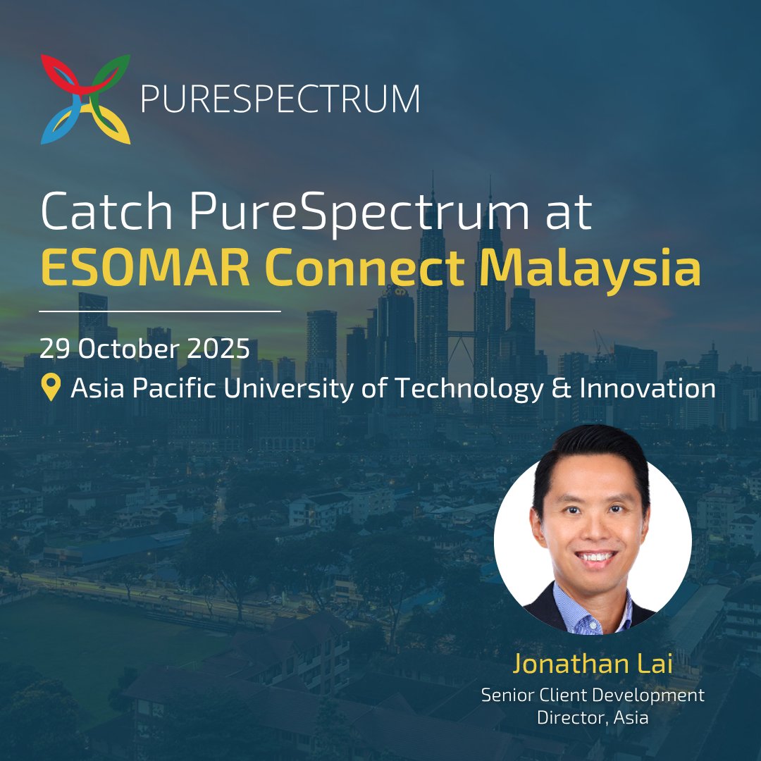 purespectrum_'s tweet image. We’re connecting with insights professionals at ESOMAR Connect Malaysia this October. Meet Jonathan Lai, our Senior Client Development Director, Asia, on 29 October at APU. #PureSpectrum #ESOMAR