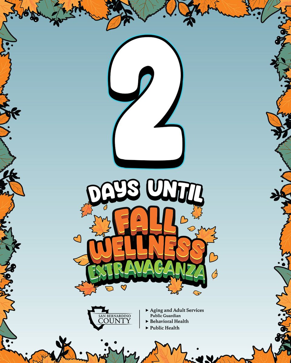 sbcdbh's tweet image. Only 2 days until the Fall Wellness Extravaganza! 🍂
Join us for a FREE day of fun, food, games, entertainment, and wellness for all ages. 🎉
🗓 Sat, Oct 25 | 2–6 PM
📍 San Manuel Stadium, San Bernardino
👉 Register now: eventcreate.com/e/fall-wellnes…