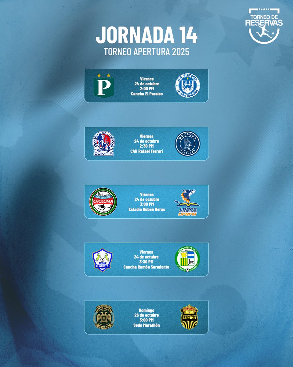 ¡JORNADA 14 RESERVAS! 👦🏻⚽️

Los juegos de la #Jornada14 del #TorneoApertura 2025-2026 del #TorneoDeReservas con los horarios oficiales.