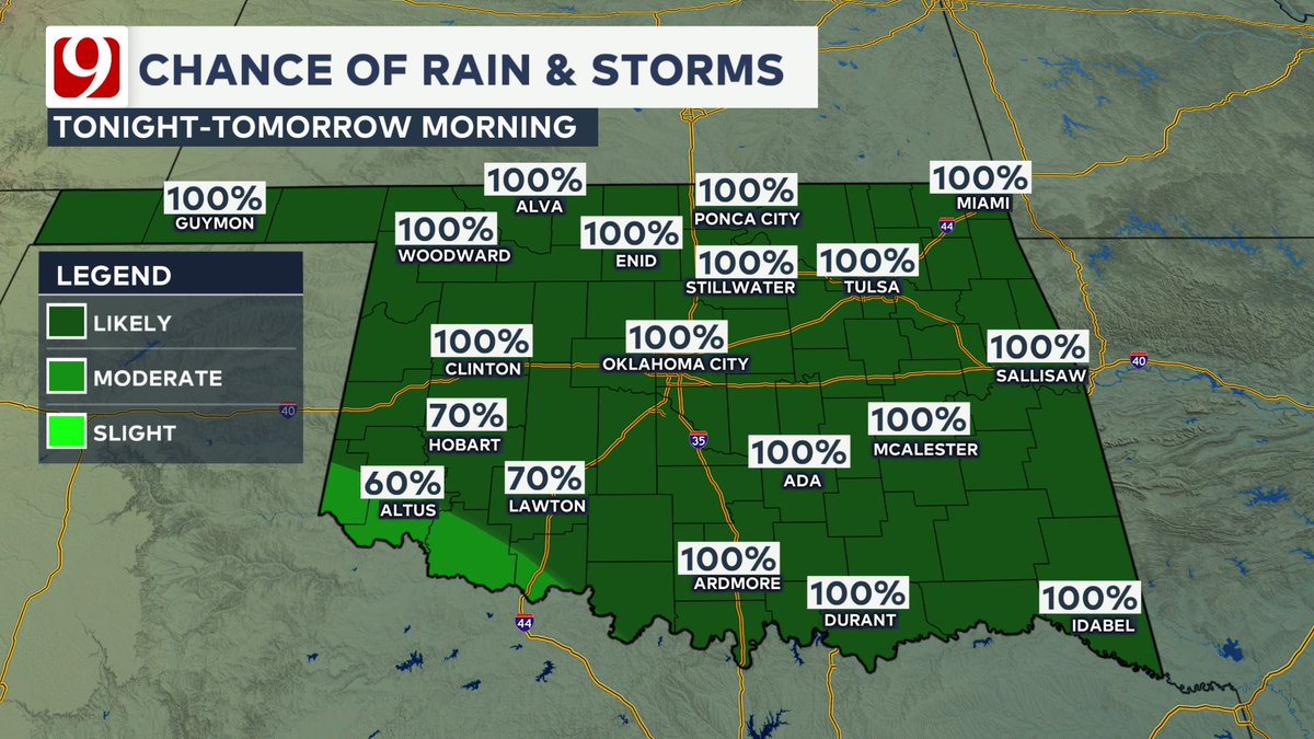Scattered strong to severe storms are possible this evening as we start our soggy weather. Additional waves of showers &amp; storms will continue tonight through Saturday. Highs will only be in the 60s to lows 70s with all the clouds &amp; rain around. Rainfall 1-3", 5+ possible. #okwx