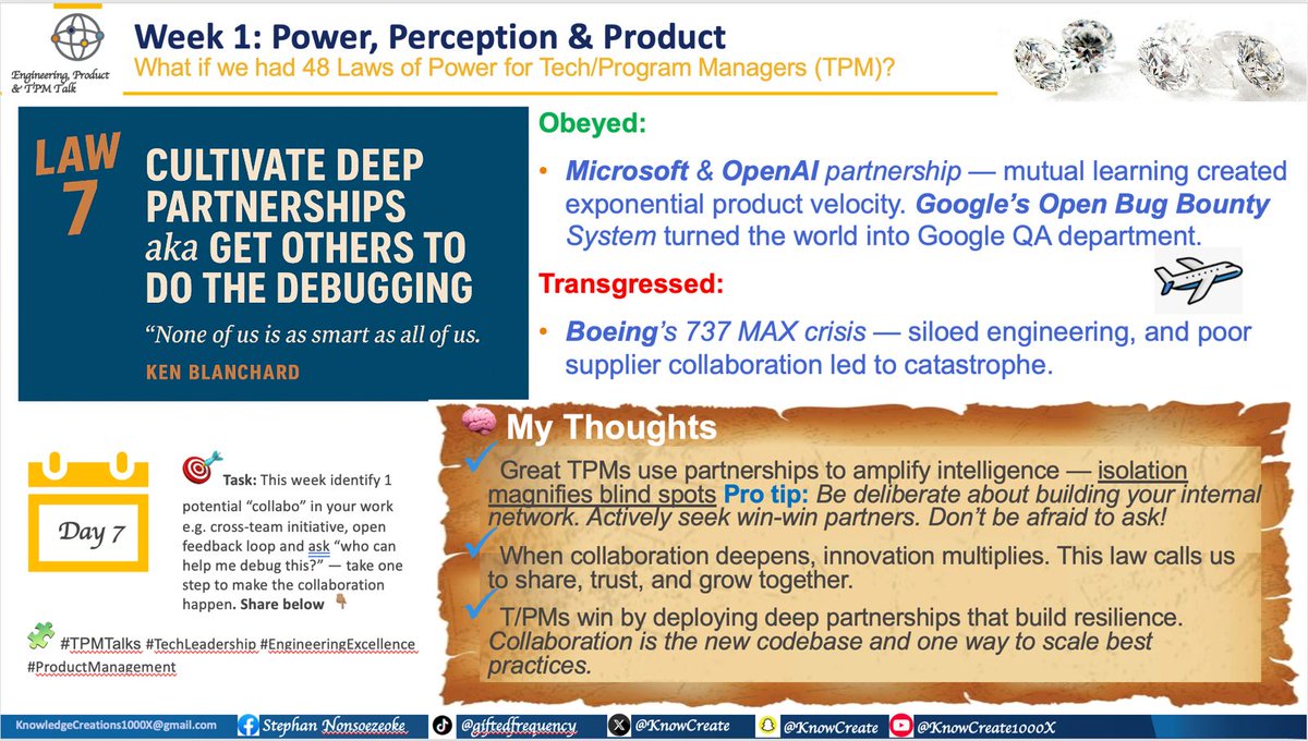 KnowCreate's tweet image. 48 Laws for successful Leaders

Law 7 - Collaboration is the new codebase. Deep tech partnerships build resilience. Strong leaders build networks. Deep partnerships empower others to help debug your blind spots.

#TPMTalks #TechLeadership #EngineeringExcellence #ProductManagement
