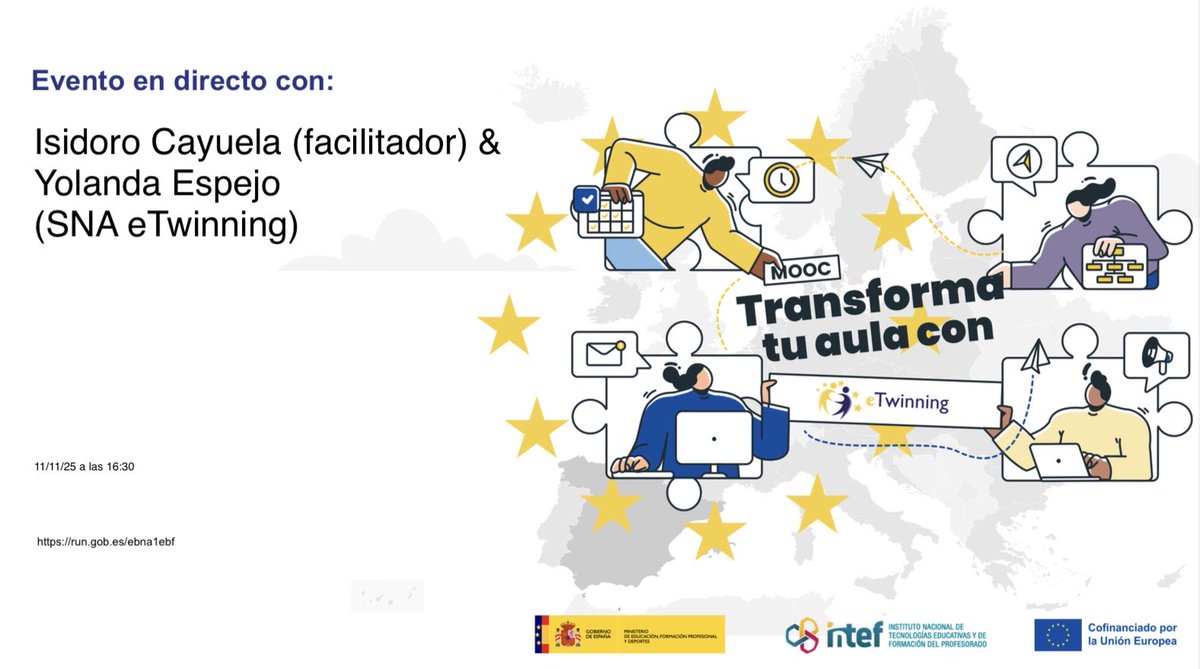 ⚠️ Si estás en el MOOC “Transforma tu aula con eTwinning”…

👀 No te pierdas el evento en directo

🗓️ El 11 de noviembre a las 16.30

🔗 Te esperamos en run.gob.es/ebna1ebf