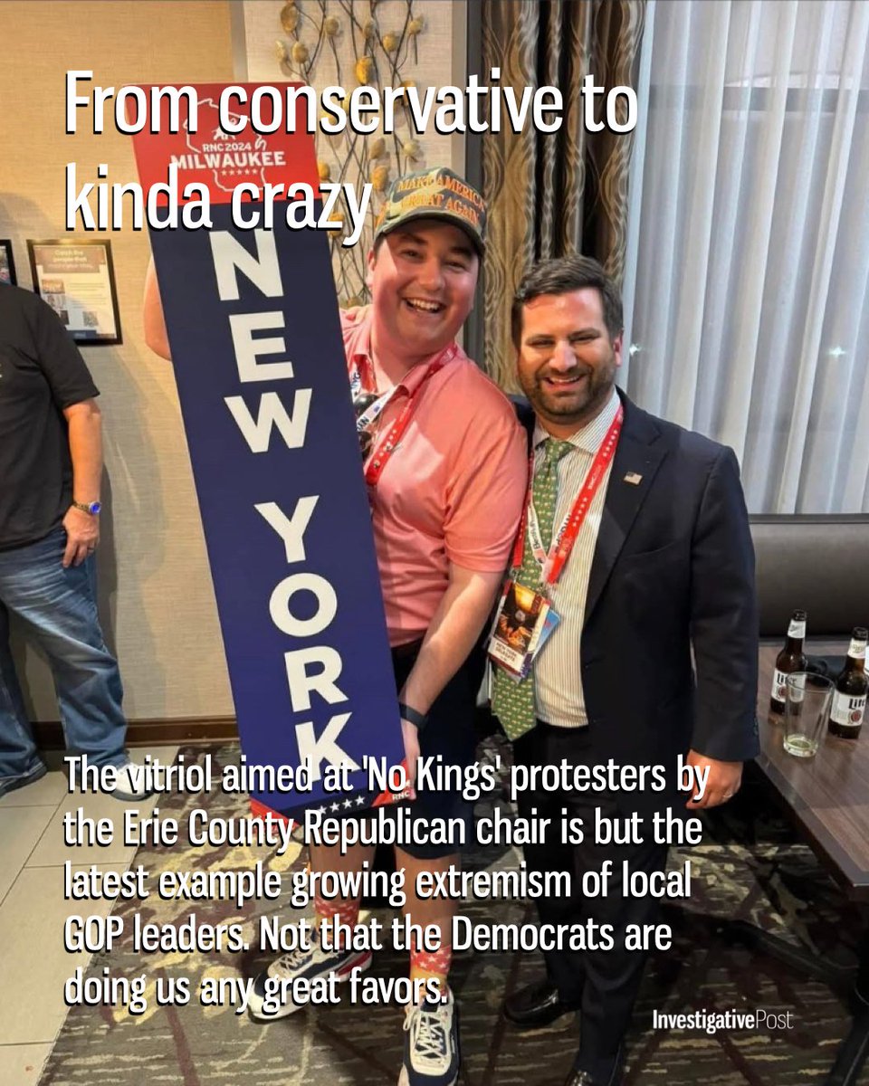 In his latest column, Editor Jim Heaney traces the local GOP's descent from conservatism to "kinda crazy." Along the way, he makes note of the Young Republican group chat scandal and GOP Chairman Michael Kracker's comments about the No Kings protests.

investigativepost.org/2025/10/23/fro…