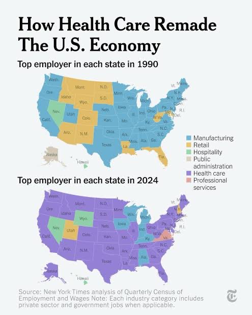 🚨 THIS MAP SAYS IT ALL

In 1990 America built things.
In 2024 the biggest employer is health care.

We are being kept sick on purpose. Seed oils. Processed food. Hidden sugars. Microplastics. Tap water full of toxins.

They do not want you healthy.
They want you medicated.
They