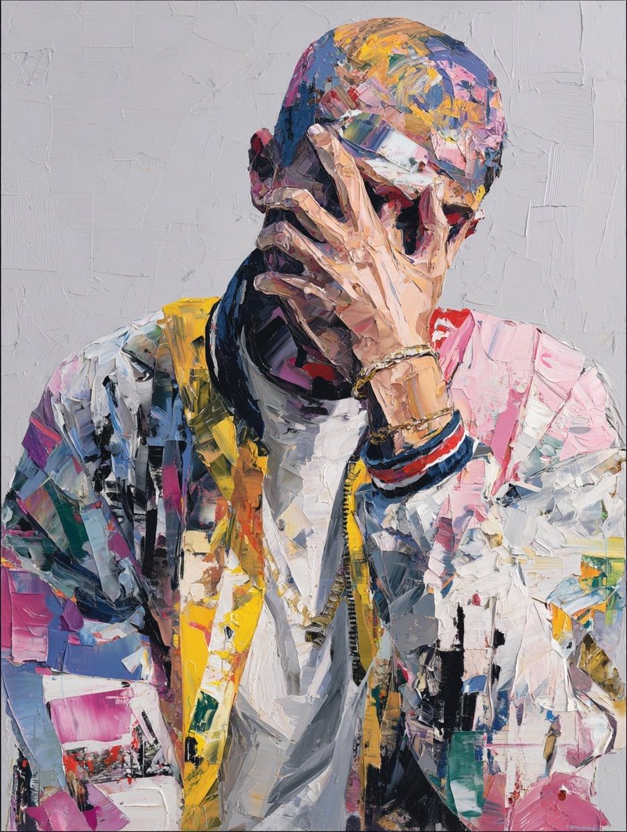 CipherVoss's tweet photo. The Weight of Color
1/1 - 35 XTZ
A portrait caught between chaos and composure. Thick layers of pigment form a man hiding his face, consumed by thought and regret.
The abstract becomes human as gesture replaces speech and color carries emotion.
Every stroke rendered is tension made visible.