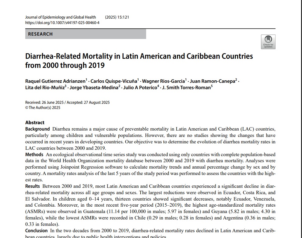 🌎 New publication in Journal of Epidemiology and Global Health!
Our study shows a major decline in diarrhea mortality across Latin America (2000–2019), led by Ecuador, Costa Rica &amp; El Salvador, a testament to vaccines &amp; public health progress.
doi.org/10.1007/s44197…

#research
