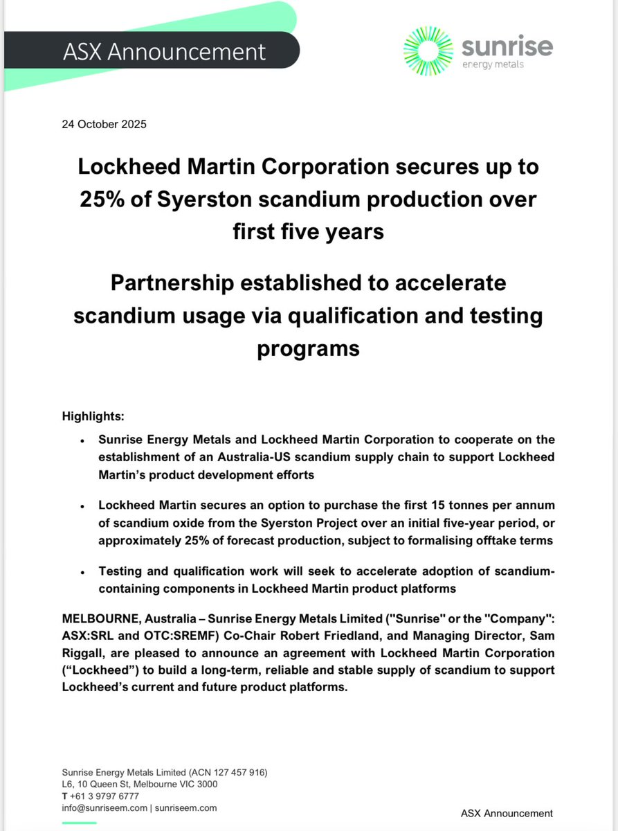Lockheed Martin Corporation secures up to 25% of Syerston scandium production over first five years: api.investi.com.au/api/announceme…