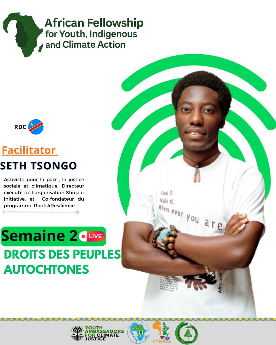 🌍 #AFYICA Speaker Series.

Nous accueillons <a href="/SethTsongo2/">Seth Tsongo</a> 🇨🇩, activiste pour la justice sociale et climatique, Directeur de <a href="/SHUJAAInitiati2/">SHUJAA-Initiative</a> et cofondateur de Roots4Resilience

🎙️ Il interviendra sur
👉 « Droits des peuples autochtones: comprendre, défendre et agir »

#AFYICA2025
