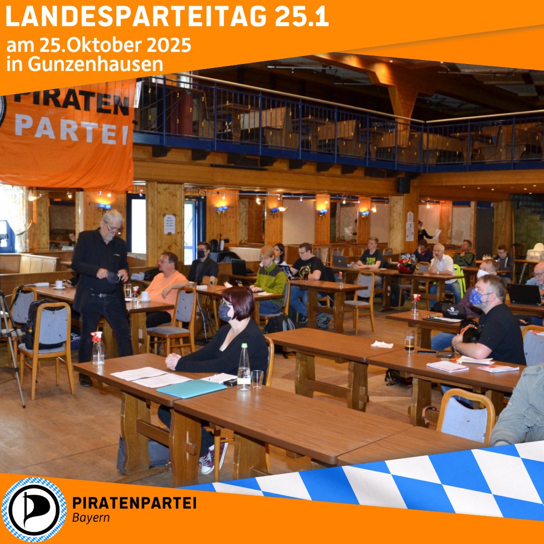 Am Samstag, den 25. Oktober 2025, trifft sich die Piratenpartei Bayern im Schützenhaus
Unterwurmbach zu ihrem #Landesparteitag 2025.1. Einlass und Akkreditierung beginnen um 9:30 Uhr, der offizielle Tagungsbeginn ist um 10:00 Uhr. #lpt251