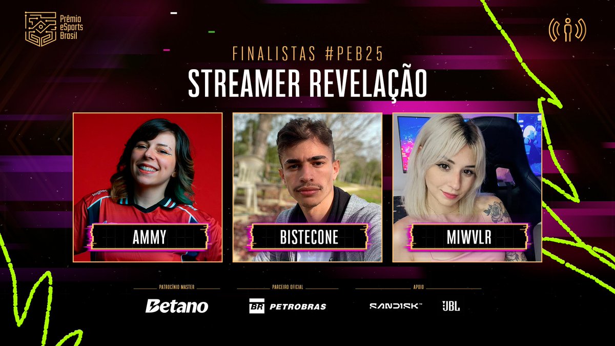 premioesportsbr's tweet image. Novas vozes, novos rostos, o futuro já começou.

Estes são os finalistas a Streamer Revelação no #PEB25:

@ammyzitta / @bisteconee / @miwvlr