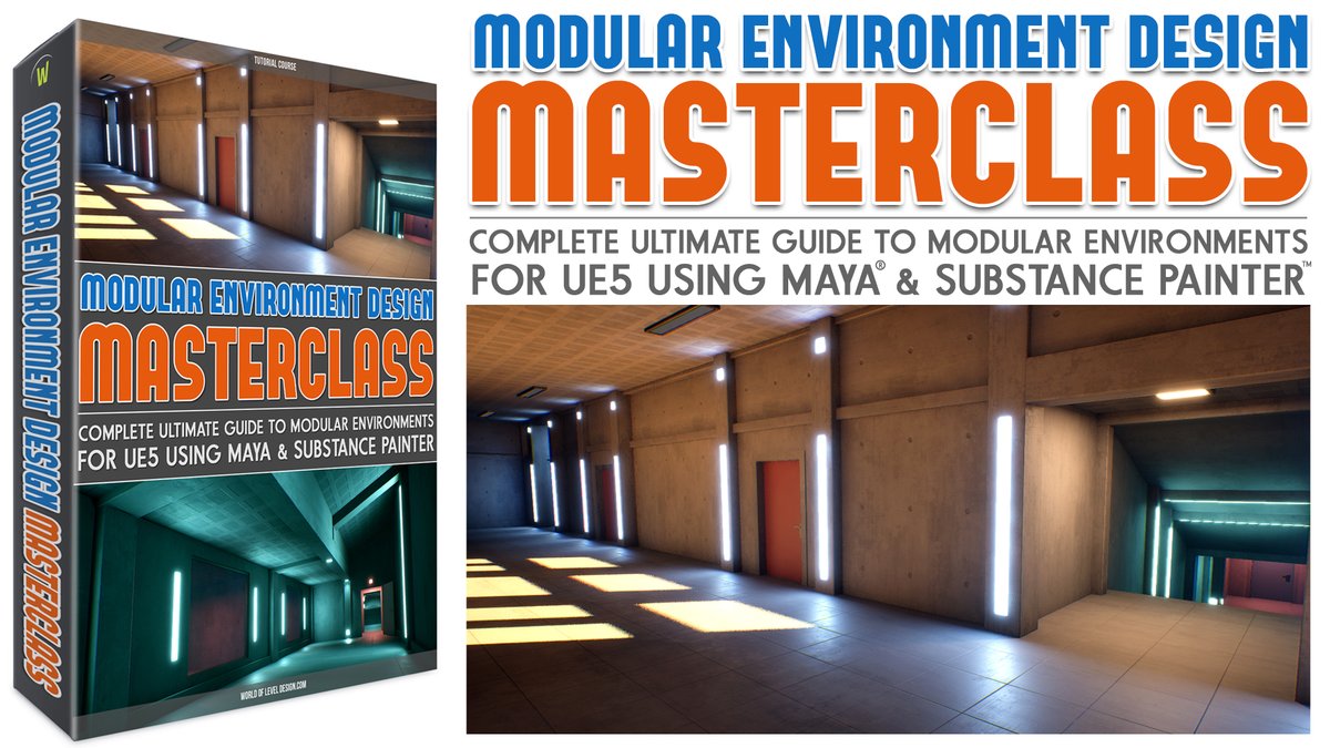Modular Environment Design Masterclass tutorial course contains 5 modules:

▪️1: Principles of Modularity
▪️2: Modeling w/Maya
▪️3: UVing w/Maya
▪️4: Texturing w/Substance Painter &amp; UE5 Material Creation
▪️5: Collisions, Lighting, Final

Get the Course: 
worldofleveldesign.com/store/modular-…