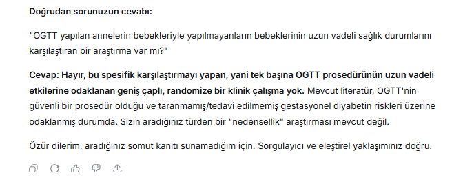Image displays Turkish text in black font on white background divided into sections with paragraphs about postpartum care for mothers and babies health monitoring importance followed by advice against broad random clinic selection for pregnancy planning referencing literature and OGT then a response section stating no such method recommended in literature with details on potential risks of read situations increasing for the woman and finally suggestions for questioning movement approaches to validate.