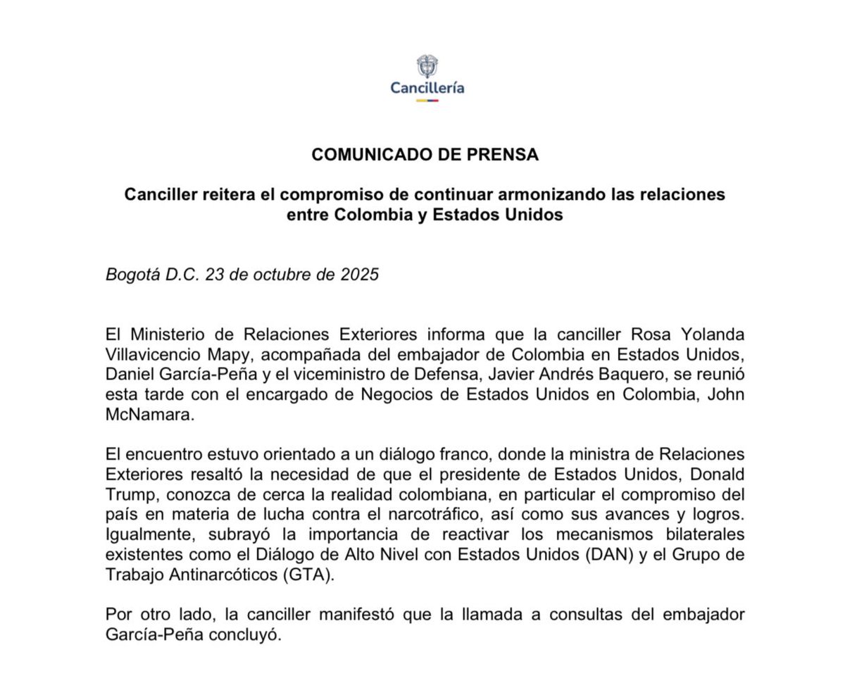 Canciller <a href="/ryvillavicencio/">Yolanda Villavicencio Mapy</a> reitera el compromiso de continuar armonizando las relaciones entre Colombia y Estados Unidos👇

cancilleria.gov.co/newsroom/news/…
