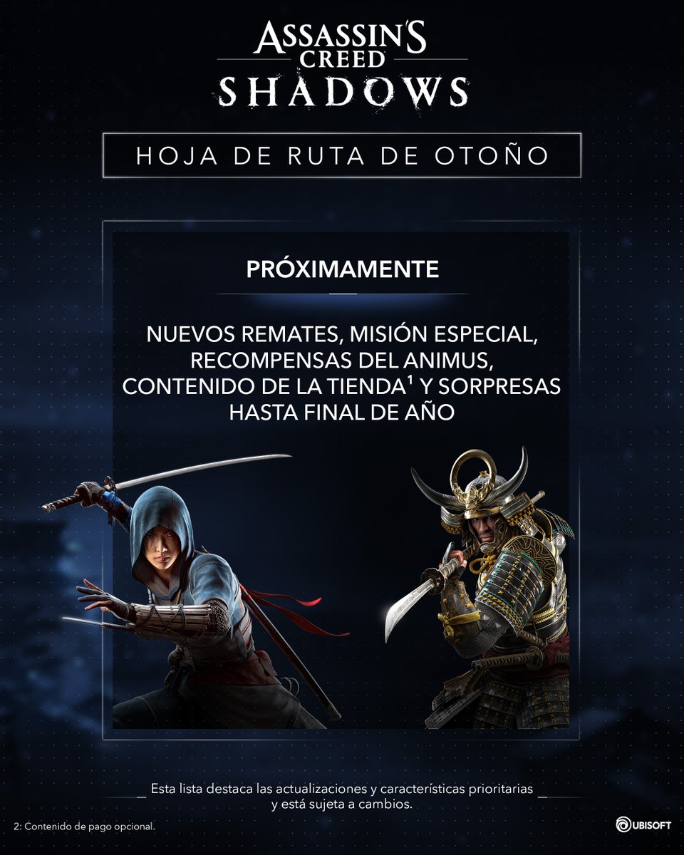 Esto es lo que llegará a #AssassinsCreedShadows hasta las vacaciones:

🤸 Actualización avanzada de parkour.
🏯 Castillos corruptos.
⚔️ 2 historias nuevas (incluida una colaboración 👀)
🔴 Llegará a Nintendo Switch™ 2.

¿Cuál te hace más ilusión?