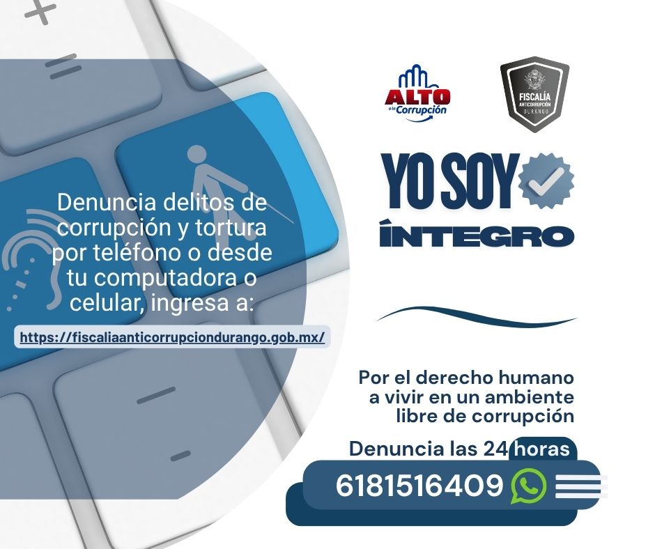 FECCED's tweet image. 🔎 Infórmate y actúa contra la corrupción y la tortura👉fiscaliaanticorrupciondurango.gob.mx
💻 Accede con “Integra2”, diseñado para personas con discapacidad.
🛡️ #YoSoyÍntegro ✋#AltoALaCorrupción 🏛️ #FECCED
