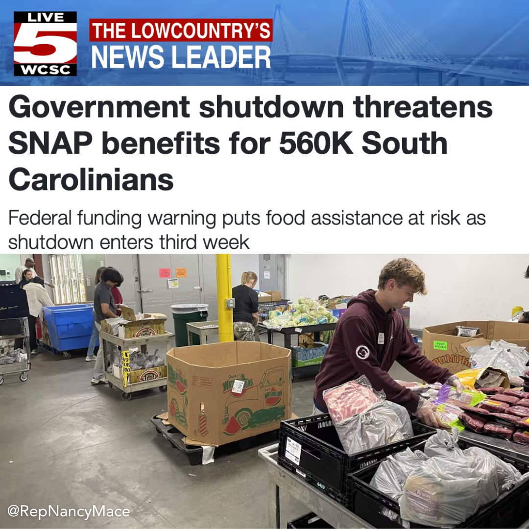 RepNancyMace's tweet image. Remember when Democrats lost their minds and cried wolf over “SNAP cuts”?
Now, 41 million Americans, including 580,000 in South Carolina, could actually lose benefits because of their shutdown.
Silent. Because in their eyes, it’s fine if Americans go hungry as long as illegal…
