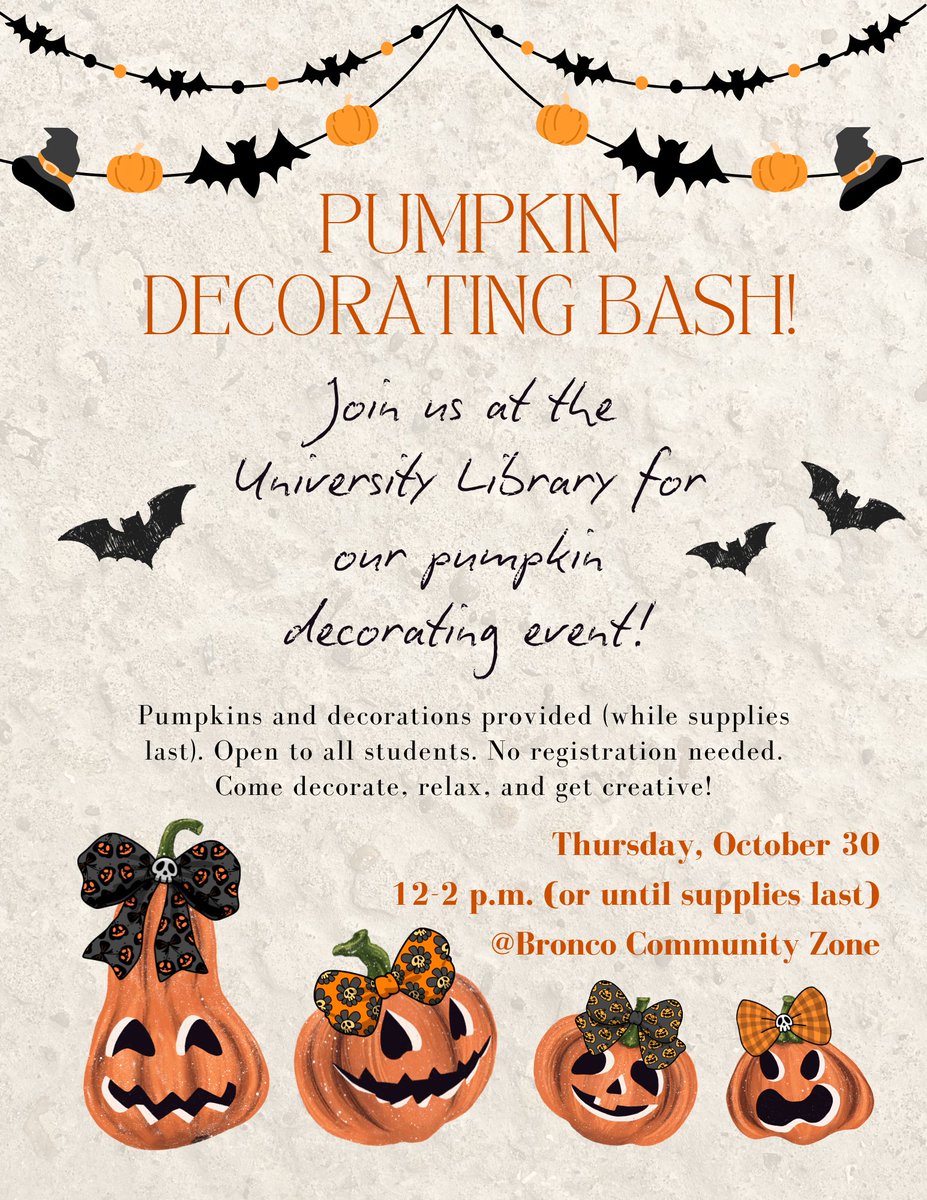 cpplibrary's tweet image. Get crafty, Broncos! Join the Pumpkin Decorating Bash at the Bronco Community Zone on Thursday, October 30, 12–2 PM (while supplies last). Pumpkins and decorations provided, just bring your creativity!