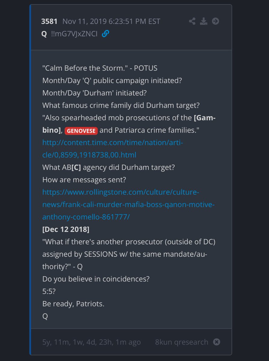 The FBI bust of the NBA gambling scandal tied to mafia crime families is a massive story and I’d bet it will not just lead to more arrests but also charges for other crimes. 

Q👇🏻highlighted the Genovese  &amp; Gambino crime family for a reason. Read this drop carefully. 

The more