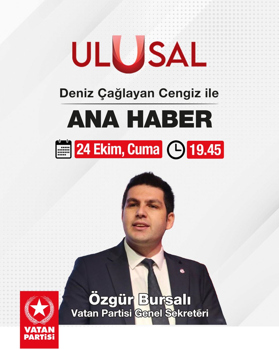 Genel Sekreterimiz Özgür Bursalı, Deniz Çağlayan Cengiz'in sunduğu Ulusal Kanal Ana Haber Bülteni'ne konuk olacak.

📆 24 Ekim, Cuma (Bugün)
⏰ 19.45
📹 Ulusal Kanal