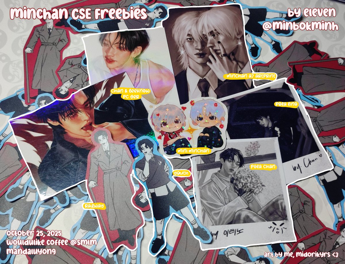 minbokminh's tweet image. minchan cse freebies ✮⋆˙
── by eleven ★ 

stickers and mini art prints 

₊⊹ wul smlm, 10.25 (sat)
₊⊹ 1:1, limited qty
₊⊹ open for trades (just dm me~)

see you stays ~ 🩶

#Railway_BangChan_Day
#Youth_LeeKnow_Day
#Events_by_AllForSKZ