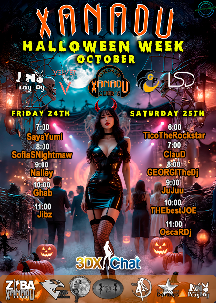 🎃 ＸＡＮＡＤＵ™ 》ＨＡＬＬＯＷＥＥＮ ＷＥＥＫ《
Dark beats, wild energy, and a touch of danger.
October 24th &amp; 25th at <a href="/3dxchat/">3DXChat</a>.
Two nights, one spell. Step inside… if you dare.
#Xanadu #Halloween #3DXChat #Party #Dance #House #XanaduHalloween