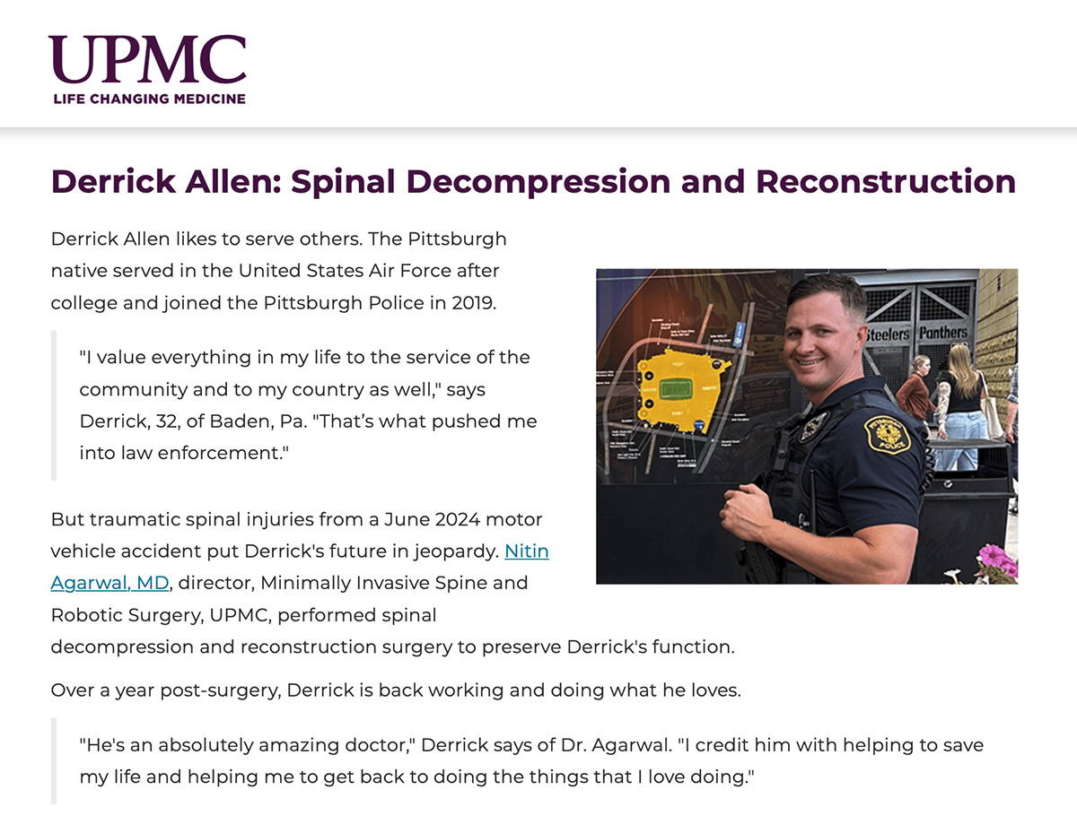 .<a href="/NitinAgarwalMD/">Nitin Agarwal, M.D.</a> performed spinal decompression and reconstruction surgery to preserve traumatic spine injury patient's function. Read Derrick's story at upmc.com/services/neuro… <a href="/UPMCPhysicianEd/">UPMC Physician Resources</a>