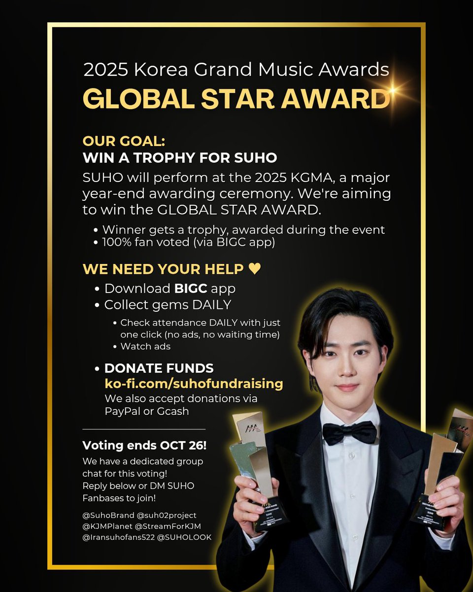 SuhoBrand's tweet image. Rise and shine, Bunnyzens!
We have some tasks for you! You may do one or all of these!
1. Collect votes in BIGC
2. Buy votes in BIGC, you can buy in less than 1$
3. Post about this voting in your timeline to encourage voters!
4. Donate in our fundraising!
#VoteSUHOinBIGC
#SUHO