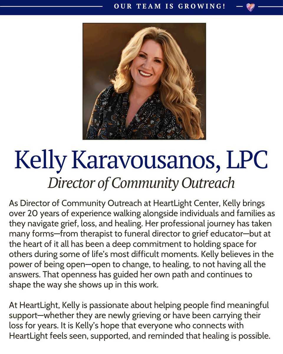 HeartLightCente's tweet image. Our team is growing! We are honored to introduce Kelly and Teddy, we are lucky to have them. If you are interested in connecting with Kelly or learning more about Teddy, feel free to reach out to us!
.
#HeartLight #Community #Team #GriefSupport