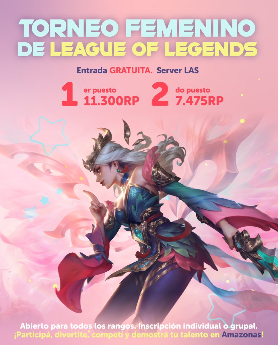 Desde Amazonas lanzamos un TORNEO FEMENINO de #LeagueOfLegends en LAS. 🩵
Queremos crear un espacio donde las jugadoras puedan competir entre pares, con respeto, nivel y comunidad.

🆓 Inscripción GRATUITA y muchos RP en premios. ¡No te lo pierdas! 🌸 
discord.com/invite/tXW6HRK…