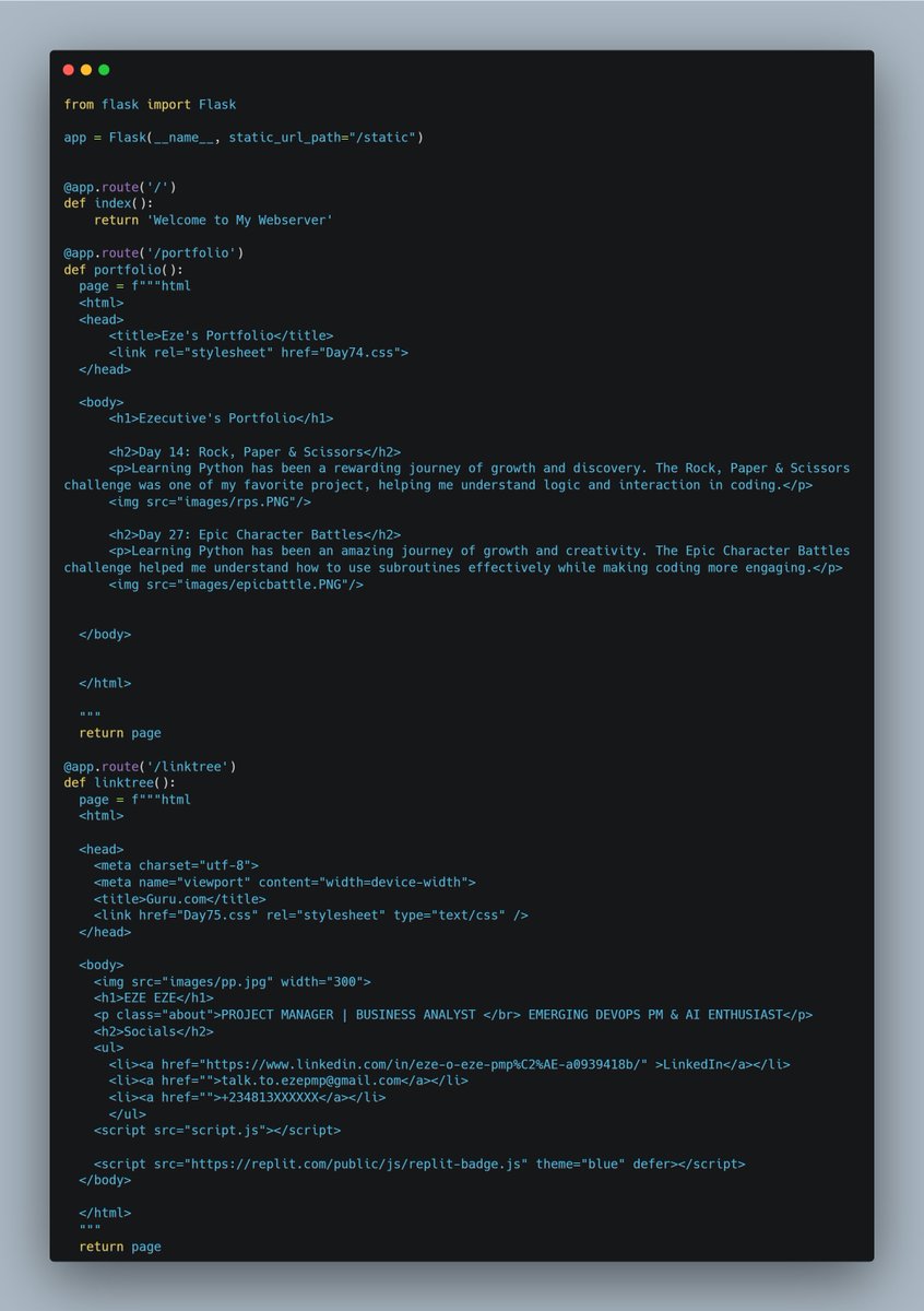 dkingony's tweet image. Day 76 of 100

Today, I learnt the #flaskframework ⚗️
I built a Flask server with two endpoints: /portfolio and /linktree. Each endpoint served its respective page, showcasing my previous portfolio and linktree📄

#Replit100DaysOfCode #100DaysOfCode #LearnInPublic #pythonlearning