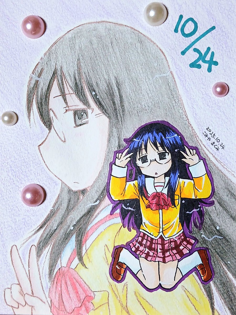 麻衣ちゃんハピバ‼️昨年はうっかり誕生日失念してて慌て１発描きイラストになっちゃったので今年は早めに少しずつ描いた！今回主線消しゴムでこすっちゃったり買ったばかりのコピック蓋開けた瞬間インク飛び散ったりして修正跡がヘビのよう…昨年のがマシだな🥲 #水上麻衣生誕祭2025 #Nichijou