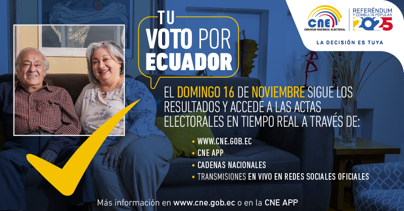 cnegobec's tweet photo. ¡La Decisión es tuya en el Referéndum y Consulta2025!
El domingo 16 de noviembre, sigue el escrutinio en tiempo real a través de nuestros canales oficiales:

CNE App
Cadenas nacionales
Transmisiones en redes sociales institucionales"
