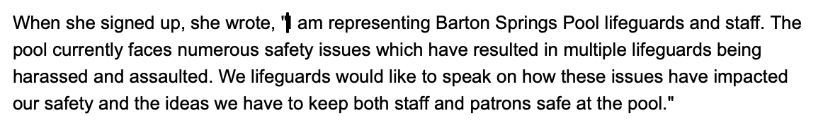 LifeguardsUnion's tweet image. A Barton Springs lifeguard had signed up to speak to Austin City Council today. She did not show up. We found out that Parks leadership talked to her and so she decided not to speak. Parks apparently did not want the public or city council to hear what she was going to say.