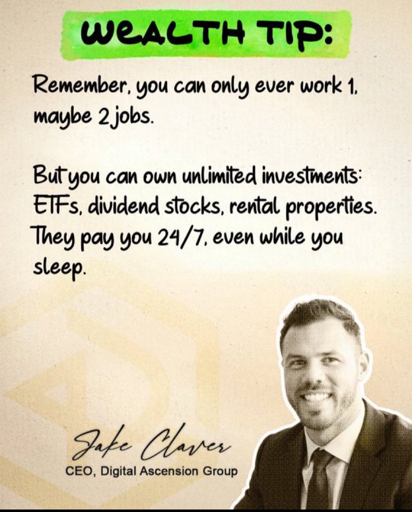 Remember, you can only ever work 1, maybe 2 jobs.

But you can own unlimited investments: ETFs, dividend stocks, rental properties.
They pay you 24/7, even while you sleep. #xrpupdate #xrpcrypto #rpnews #crytpnews #cryptonewsdaily