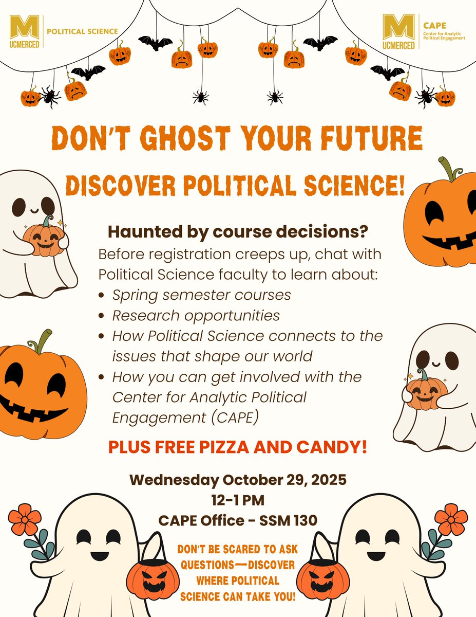 UCMercedPoliSci's tweet photo. Hey students! Join our faculty and @UCMercedCAPE next Wednesday 10/29 12-1PM in the CAPE office for pizza, candy, and learning about what our programs can do for your future! Plus Spring registration is coming up and this is your chance to get insights on Spring PoliSci courses! https://t.co/BEFMHfbGit