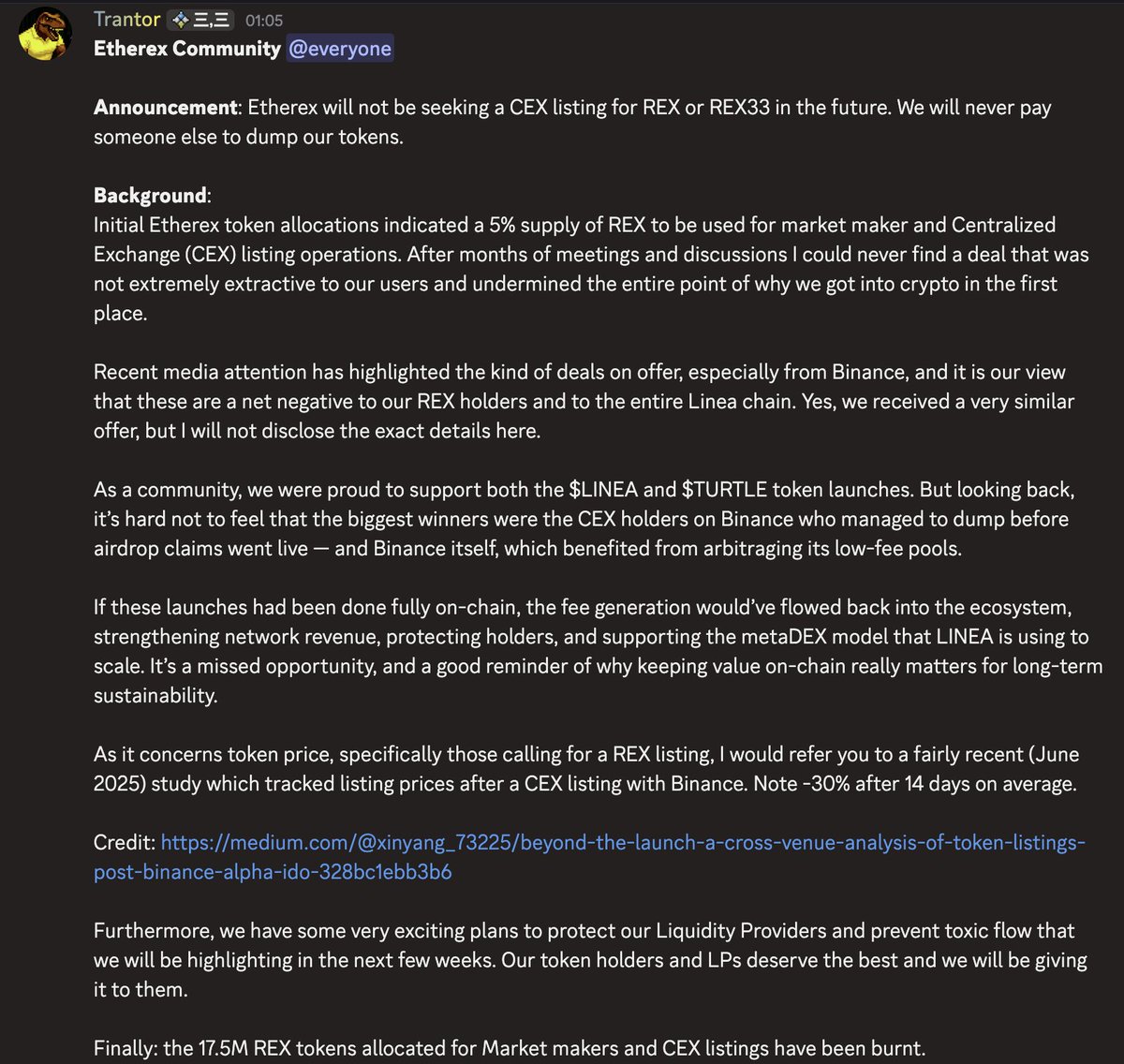 Pengmilio (@pengmilio) on Twitter photo ok this is based af, kudos to $REX team
5% initial supply of $REX burnt cause it was supossed to be for CEXes... 
fuck CEXes, hyperliquid ok this is based af, kudos to $REX team
5% initial supply of $REX burnt cause it was supossed to be for CEXes... 
fuck CEXes, hyperliquid