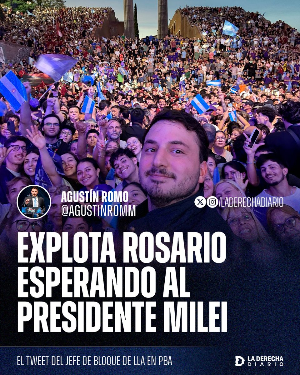 🚨🇦🇷 | "Explota Rosario esperando al Presidente Milei": El jefe de bloque de LLA en PBA, Agustín Romo, publicó una foto junto a los miles de patriotas argentinos que asistieron al cierre de campaña de La Libertad Avanza.