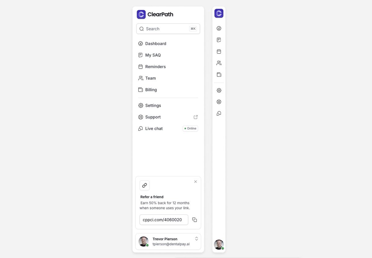 Just wrapped up the new sidebar navigation for ClearPath. Trying to keep the momentum flowing.

Built in <a href="/bubble/">Bubble</a>, styled with <a href="/UntitledUI/">Untitled UI</a>.

I wanted something that feels simple and modern, with just the right balance between usability and minimalism.

Small detail, but love
